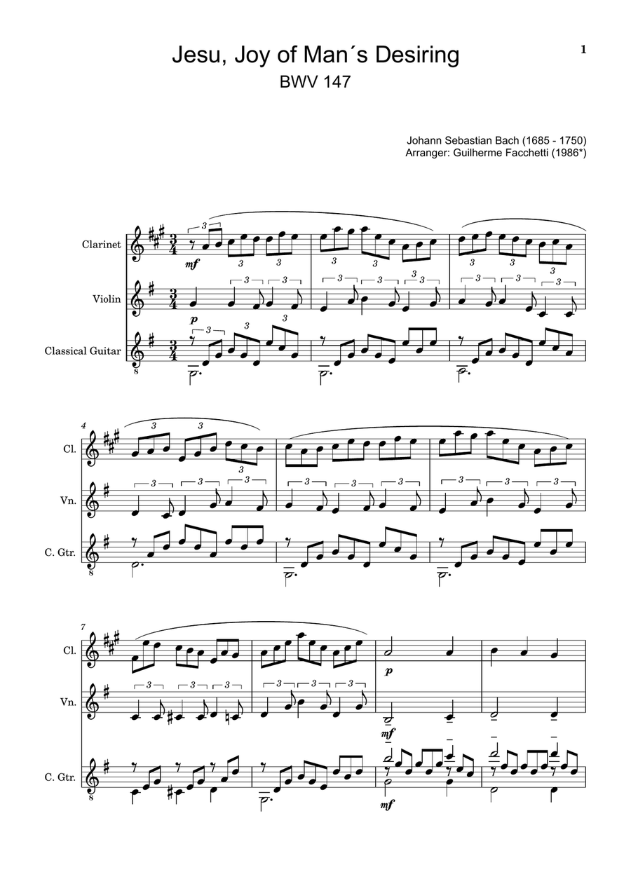 Jesu, Joy of Man´s Desiring. Clarinet, Violin, Guitar. With Parts. Small Ensemble scores gallery preview page 1