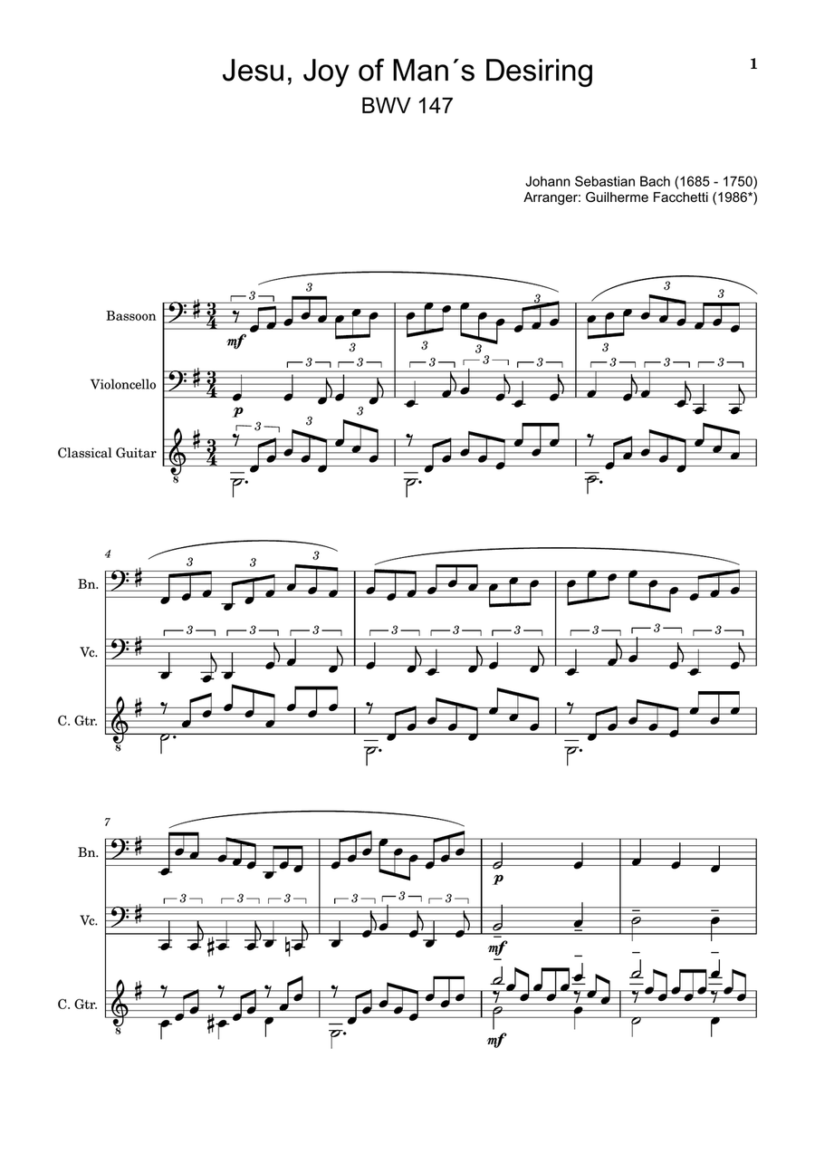 Jesu, Joy of Man´s Desiring. Bassoon, Cello, Guitar. With Parts. Small Ensemble scores gallery preview page 1