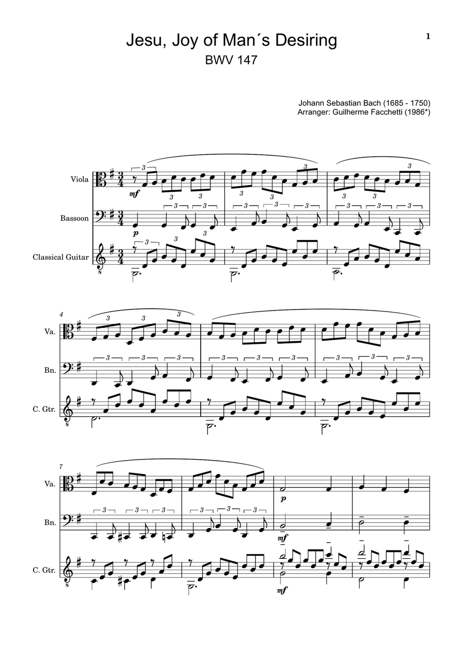 Jesu, Joy of Man´s Desiring. Viola, Bassoon, Guitar. With Parts. Small Ensemble scores gallery preview page 1