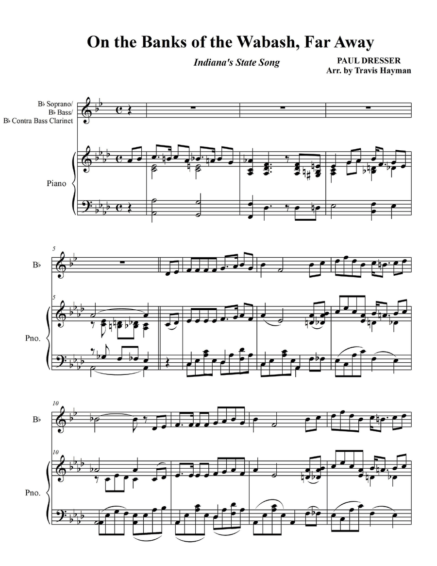 On the Banks of the Wabash, Far Away - for Bb Soprano/Bb Bass/Bb Contrabass Clarinet with Piano Acc. B-Flat Clarinet scores gallery preview page 3
