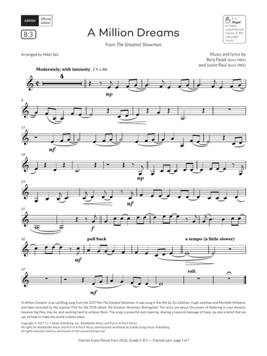 A Million Dreams (Grade 2, list B3, from the ABRSM Clarinet Syllabus from 2026)