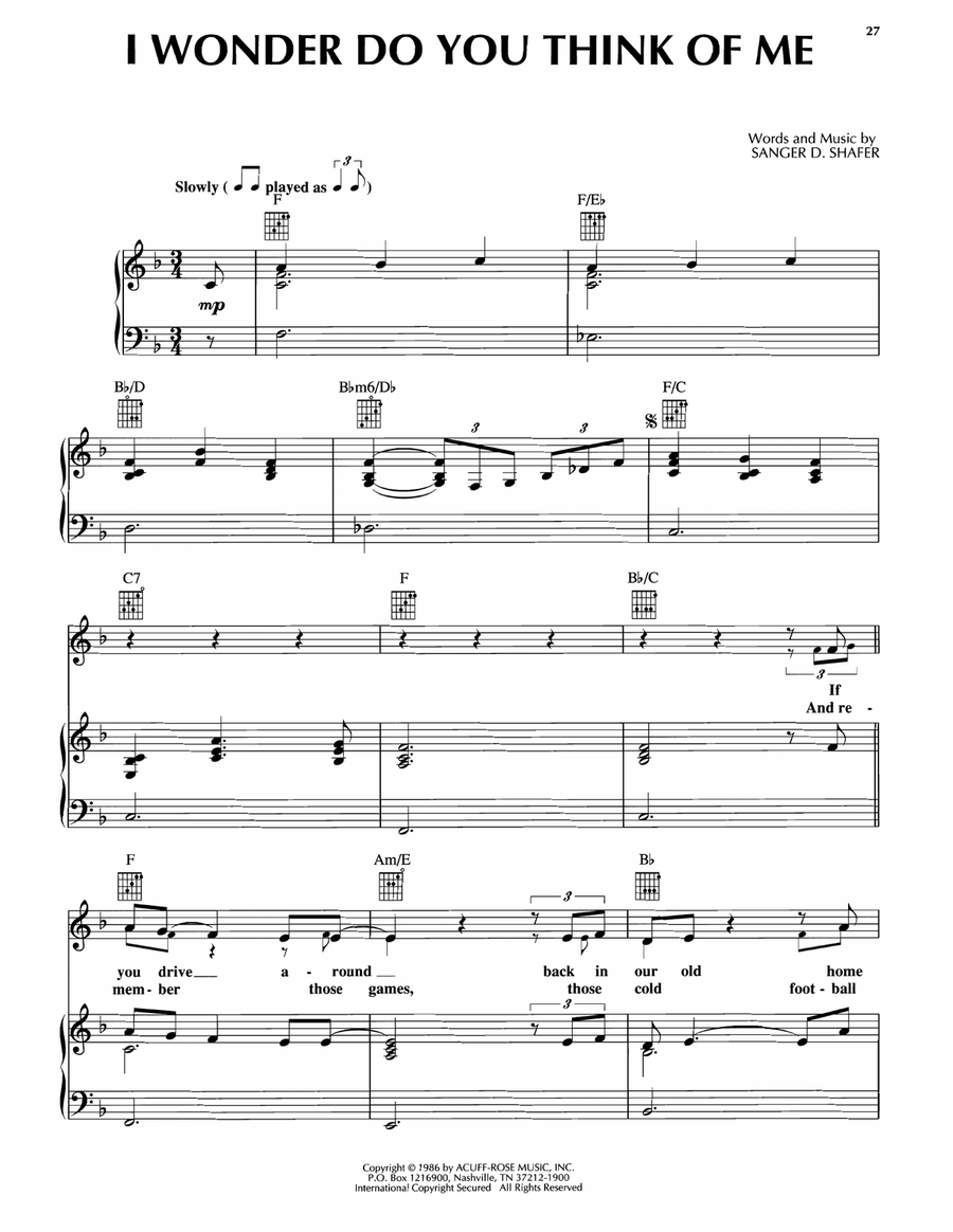 I Wonder Do You Think Of Me Piano, Vocal, Guitar scores gallery preview page 1