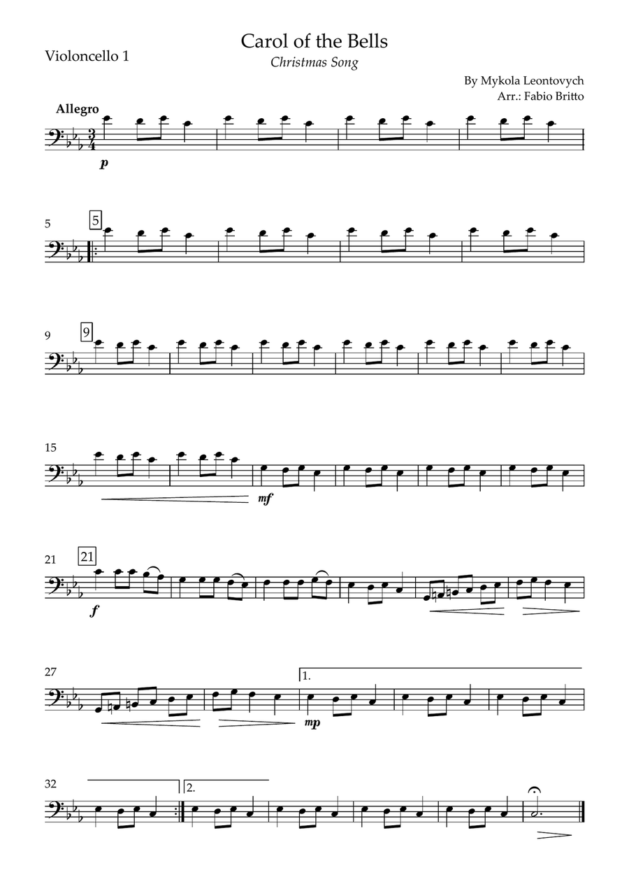Carol of the Bells (Christmas Song) for Cello Quartet String Quartet - Digital Sheet Music page 4