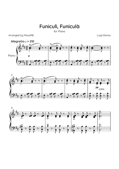 Funiculì, Funiculà - Solo Piano in D Major - Intermediate