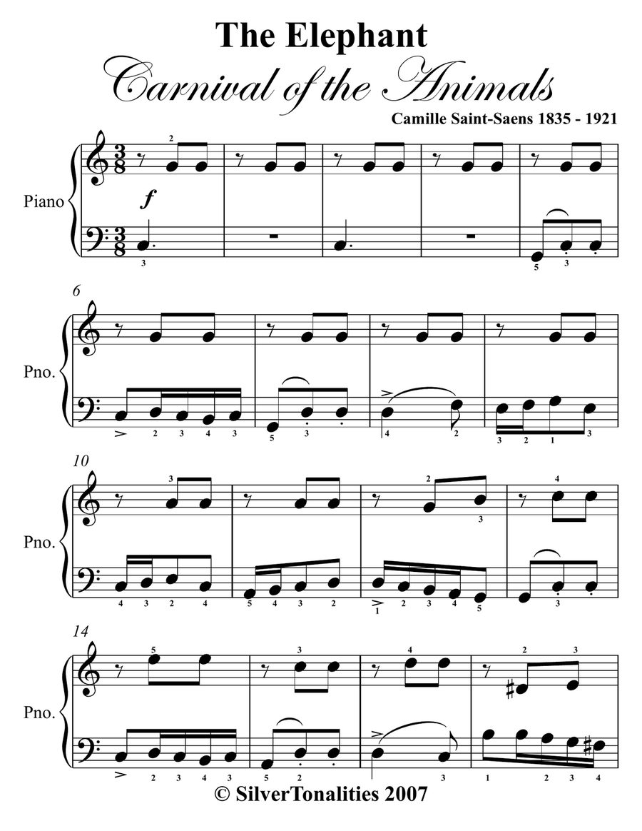 The Elephant Carnival of the Animals Easy Piano Sheet Music Combo Piano Method - Digital Sheet Music page 3