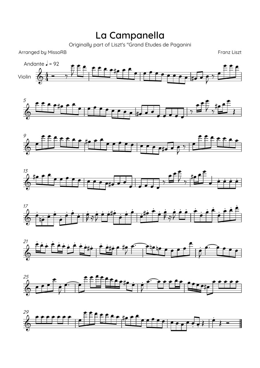 La Campanella - Solo Violin in C Major - Easy Violin Solo scores gallery preview page 1