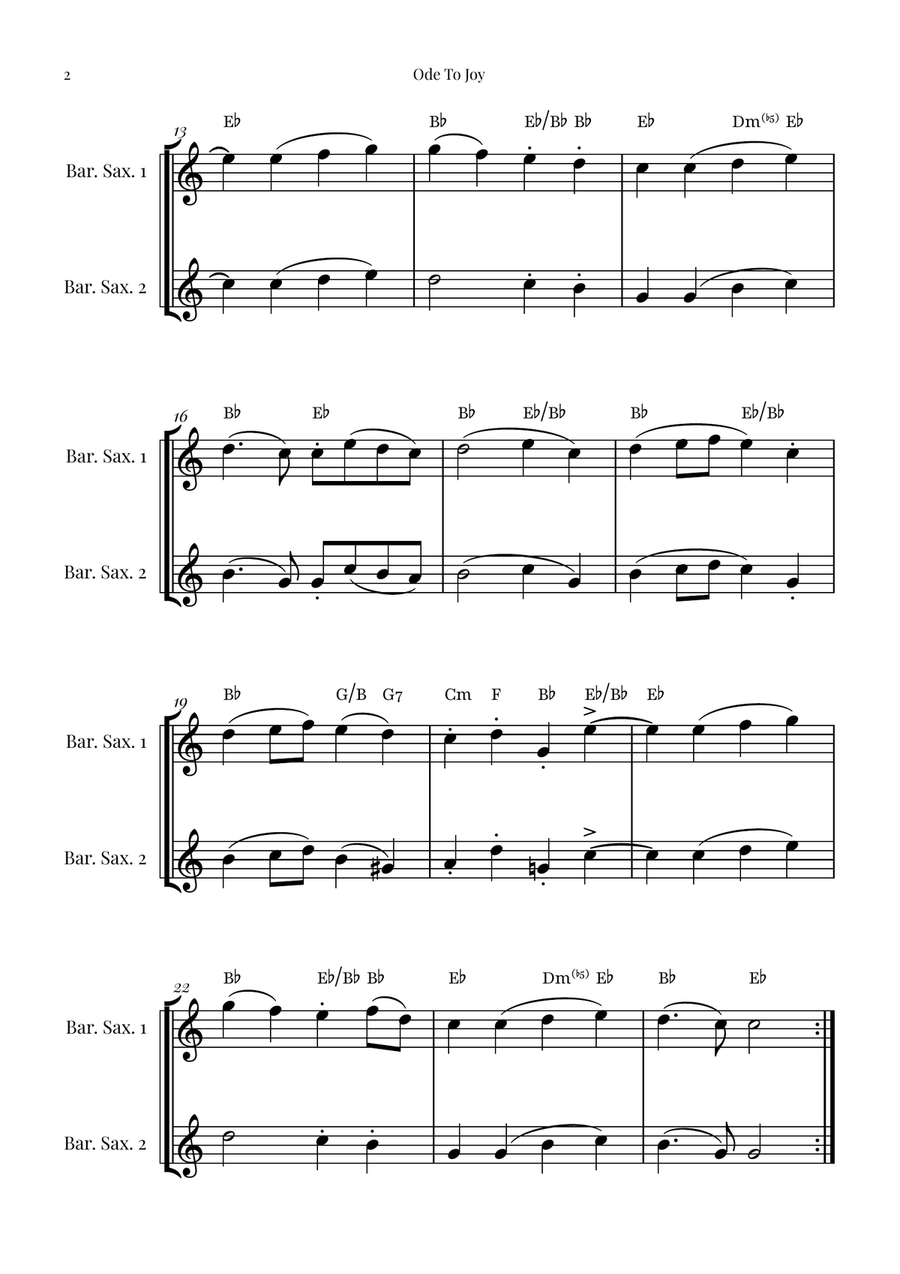 Ode to Joy (Beethoven's 9th Symphony Theme) | BARITONE SAX DUET (with Chords) by Ludwig van Beethoven Woodwind Duet - Digital Sheet Music page 2