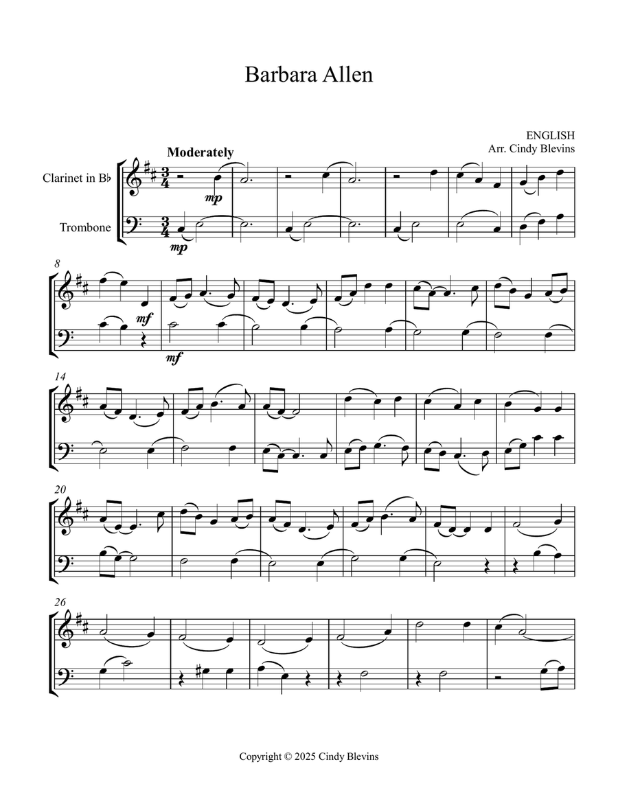 Barbara Allen, for Clarinet and Trombone by Cindy Blevins Clarinet - Digital Sheet Music page 3
