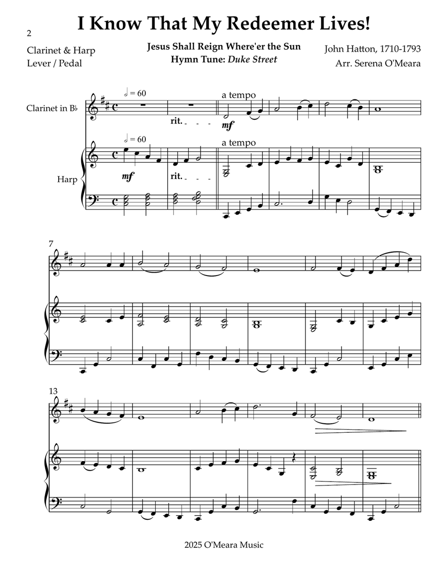I Know That My Redeemer Lives! Duet for Bb Clarinet and Harp B-Flat Clarinet scores gallery preview page 2