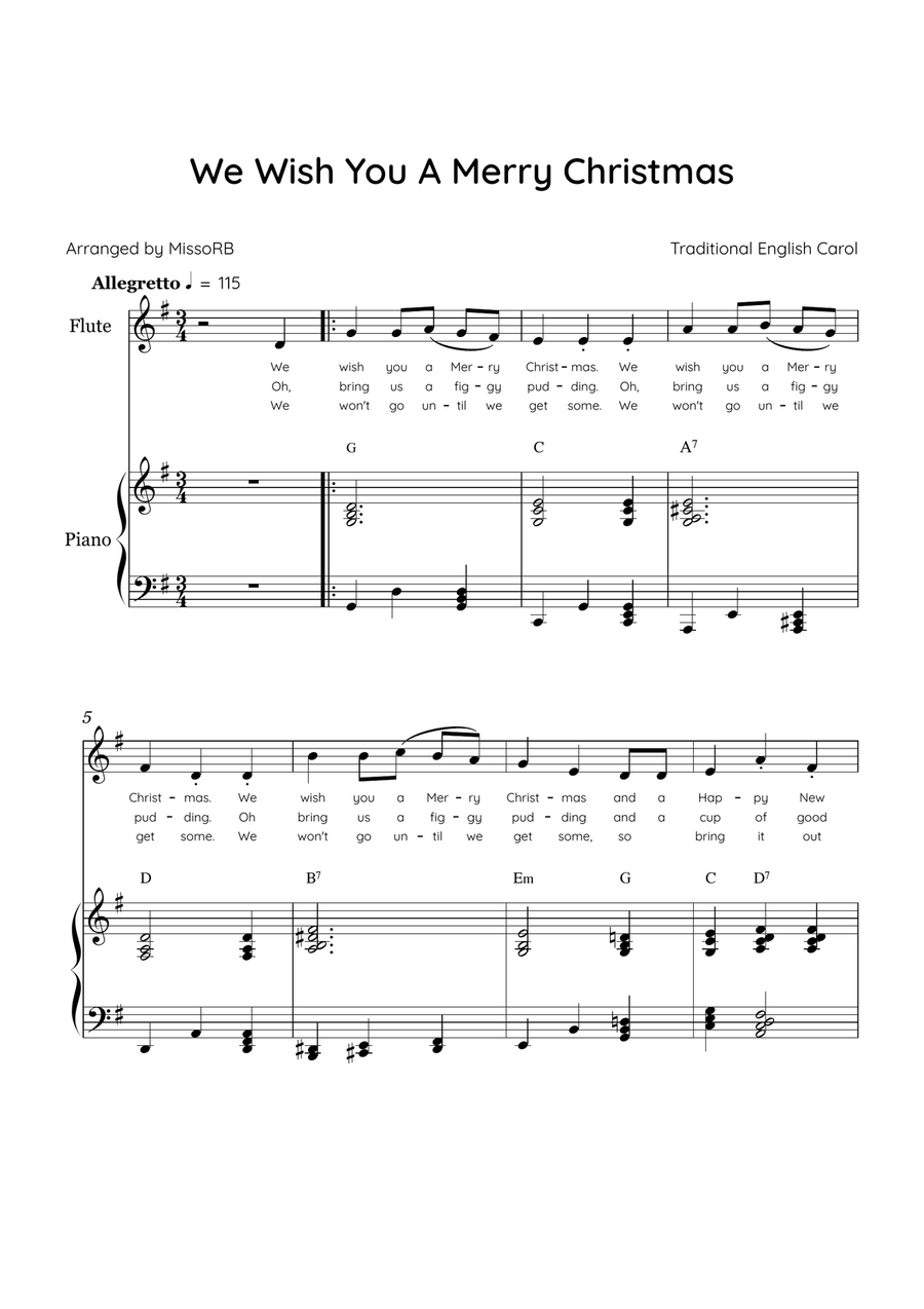 We Wish You a Merry Christmas - Cello & Piano in G Major With Chords & Lyric Piano scores gallery preview page 1