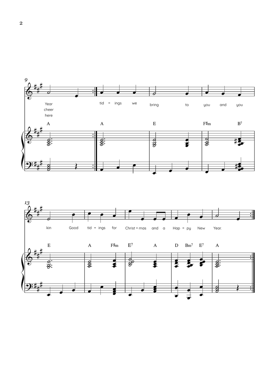 We Wish You a Merry Christmas - Voice & Piano in A Major With Chords & Lyric by Traditional English Carol Piano, Vocal - Digital Sheet Music page 2