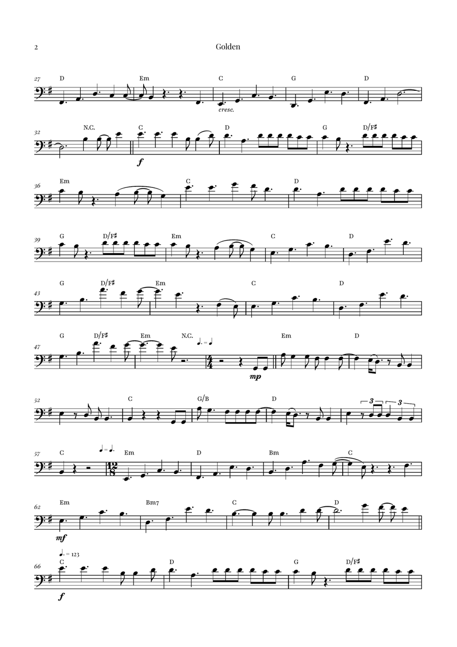 Golden - Cello Solo - Intermediate Digital Sheet Music | Sheet