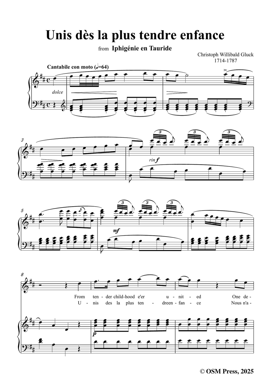 C. W. Gluck-Unis dès la plus tendre enfance,in D Major by Christoph Willibald Von Gluck Piano, Vocal - Digital Sheet Music page 3
