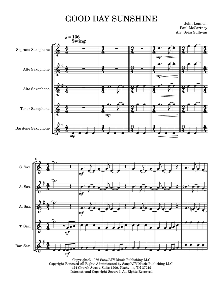 Good Day Sunshine by The Beatles Saxophone Quintet - Digital Sheet Music page 2
