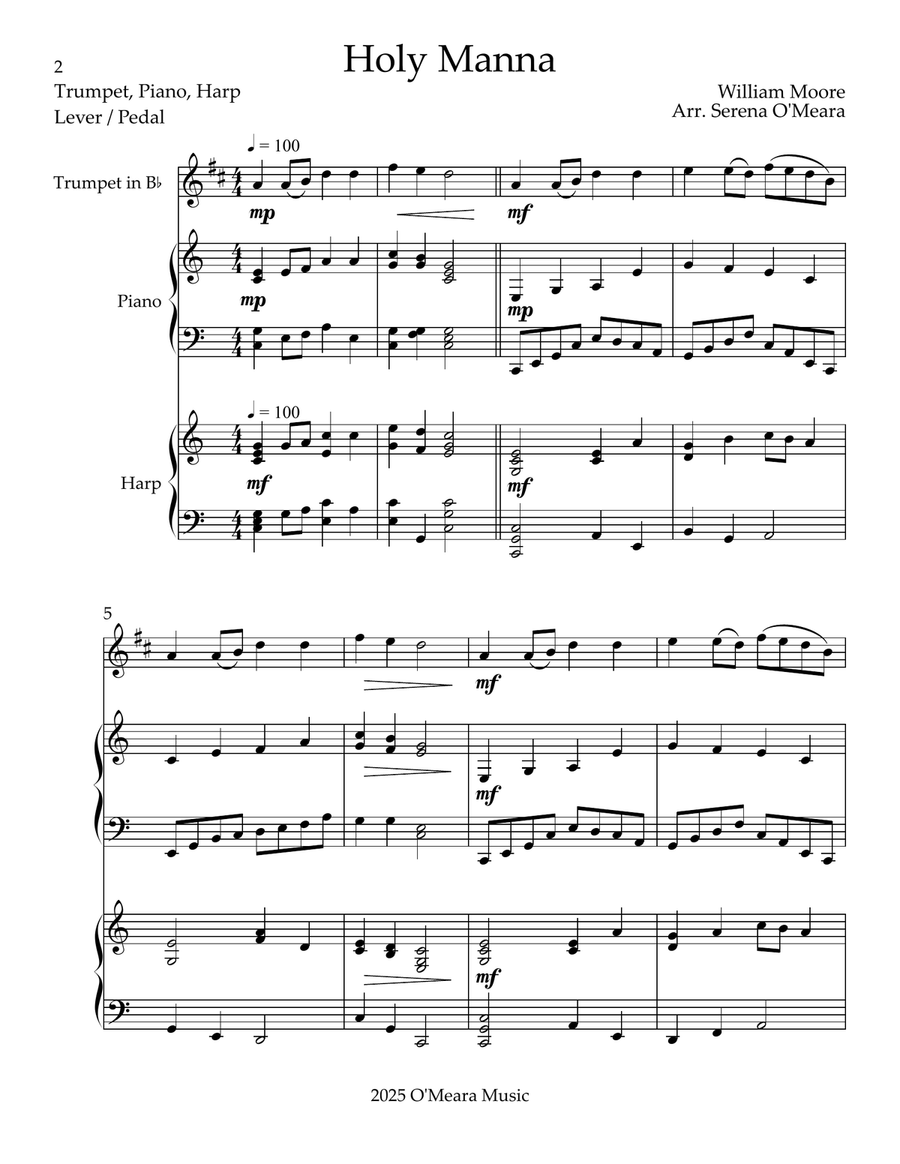 Holy Manna, Trio for Bb Trumpet, Piano & Harp Trumpet Trio scores gallery preview page 2
