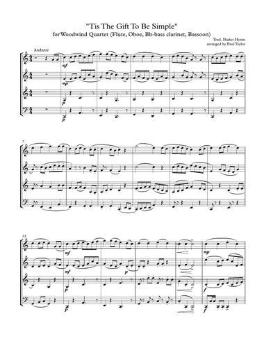 Tis the Gift to be Simple for Woodwind quartet (Flute, Bassoon, Bb-bass clarinet, bassoon)