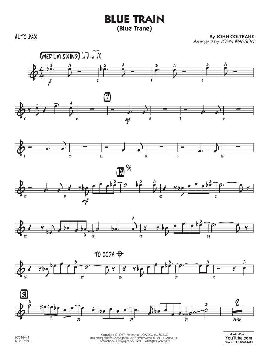 Blue Train (Blue Trane) (arr. Blue Train (Blue Trane) (arr. Wasson) - Alto Sax Jazz Ensemble scores gallery preview page 1