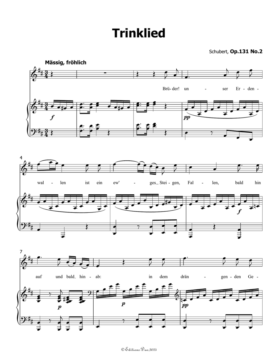 Trinklied, by Schubert, Op.131 No.2, in D Major by Franz Schubert Piano, Vocal - Digital Sheet Music page 3