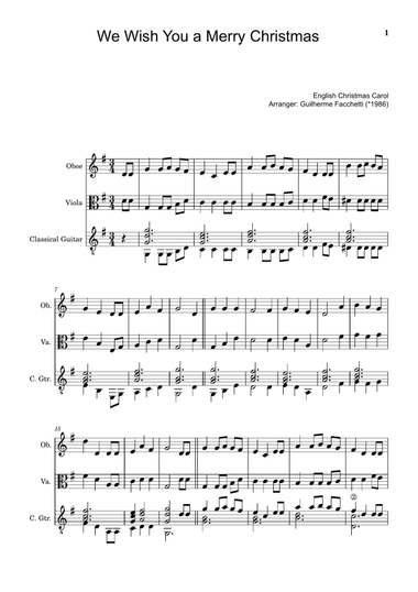 We Wish You a Merry Christmas - For Oboe, Viola and Guitar. With Parts.