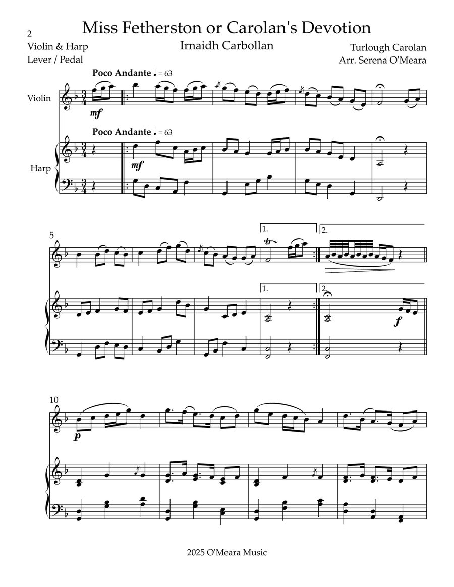 Miss Fetherston or Carolan’s Devotion, Duet for Violin & Harp String Duet scores gallery preview page 2