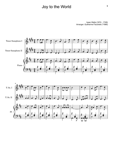 Joy to the World - T. Sax. Duet and Piano. With Parts.