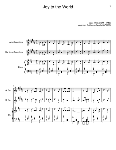Joy to the World - A. Sax., B. Sax. and Piano. With Parts.