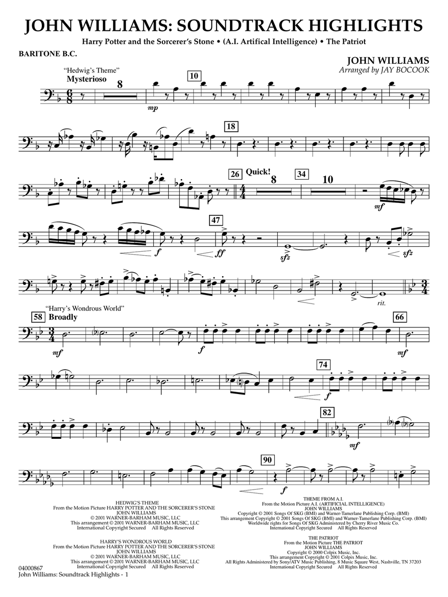 John Williams: Soundtrack Highlights (arr. Jay Bocook) - Baritone B.C. Concert Band scores gallery preview page 1