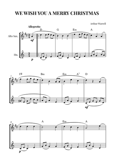 We Wish You a Merry Christmas - for Alto Saxophone and Horn in F (with Chords)