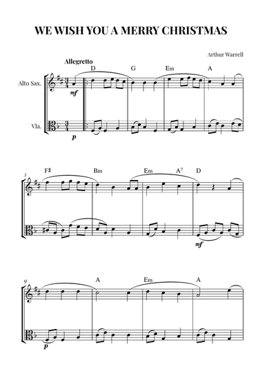 We Wish You a Merry Christmas - for Alto Saxophone and Viola (with Chords)