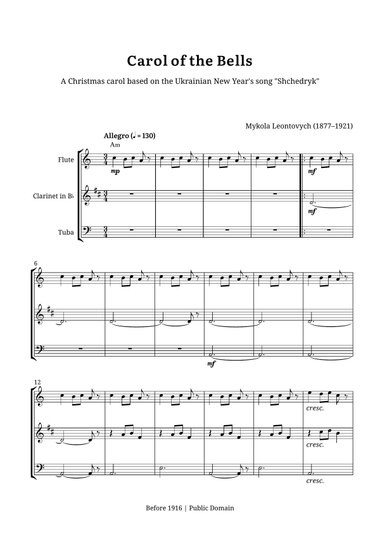 Carol of the Bells – Flute, B-flat Clarinet, and Tuba (A minor, with Chord Symbols)