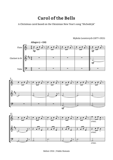 Carol of the Bells – Flute, B-flat Clarinet, and Tuba (A minor)