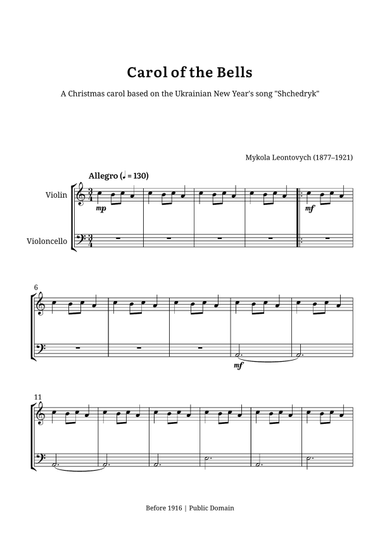 Carol of the Bells – Violin and Cello Duet (A minor)