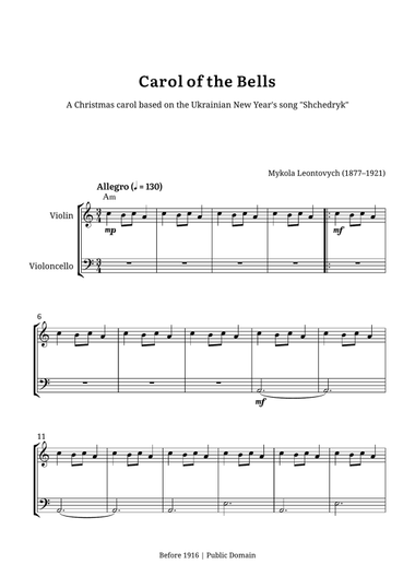 Carol of the Bells – Violin and Cello Duet (A minor, with Chord Symbols)