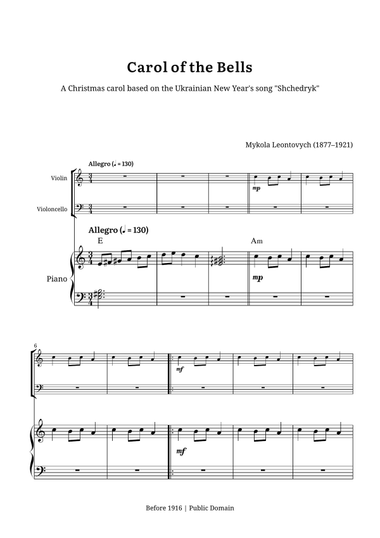 Carol of the Bells – Violin and Cello Duet with Piano (A minor, with Chord Symbols)