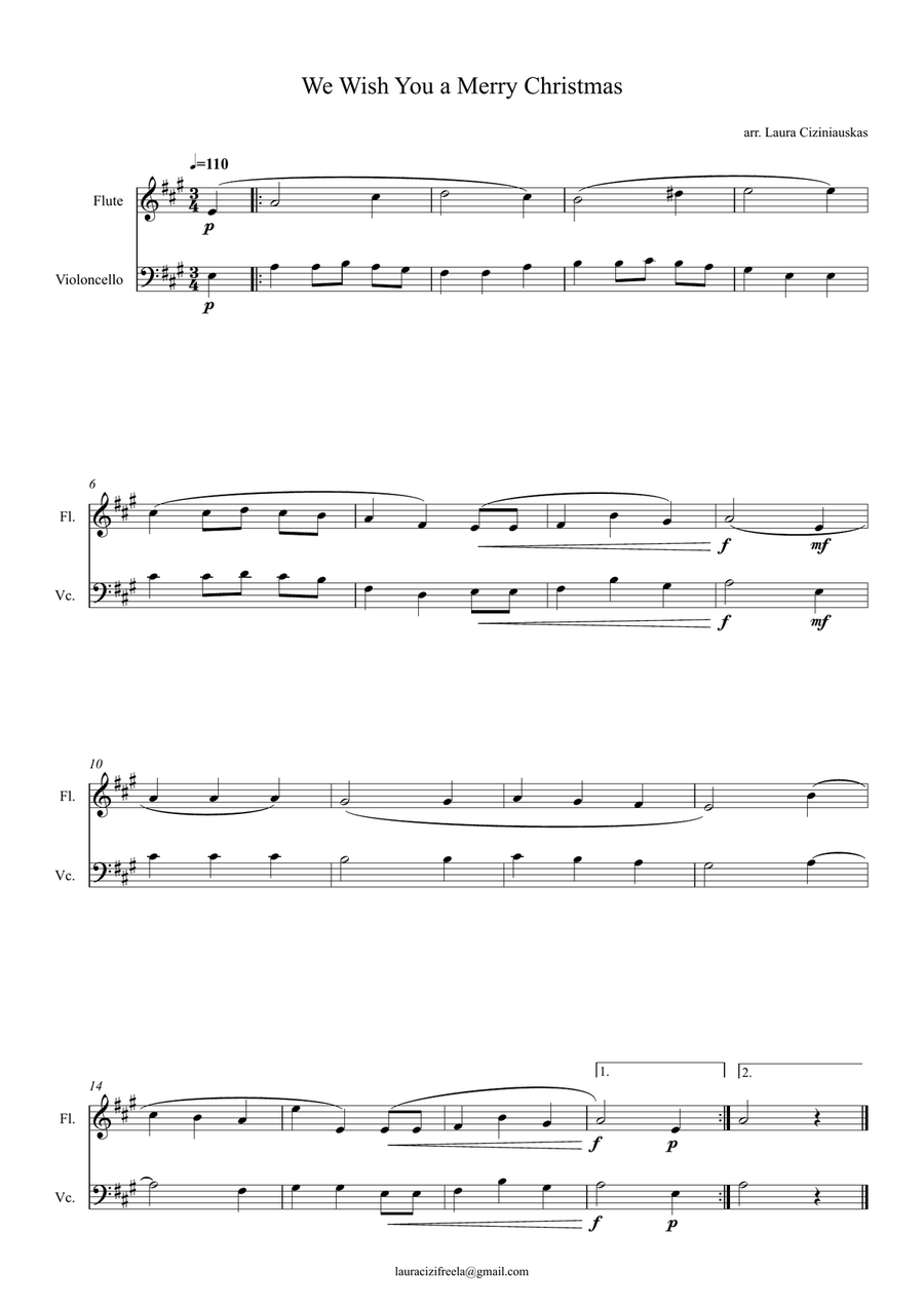 We Wish You a Merry Christmas – Easy Flute and Cello Duet A Major Beginner Arrangement by Traditional Flute - Digital Sheet Music page 2