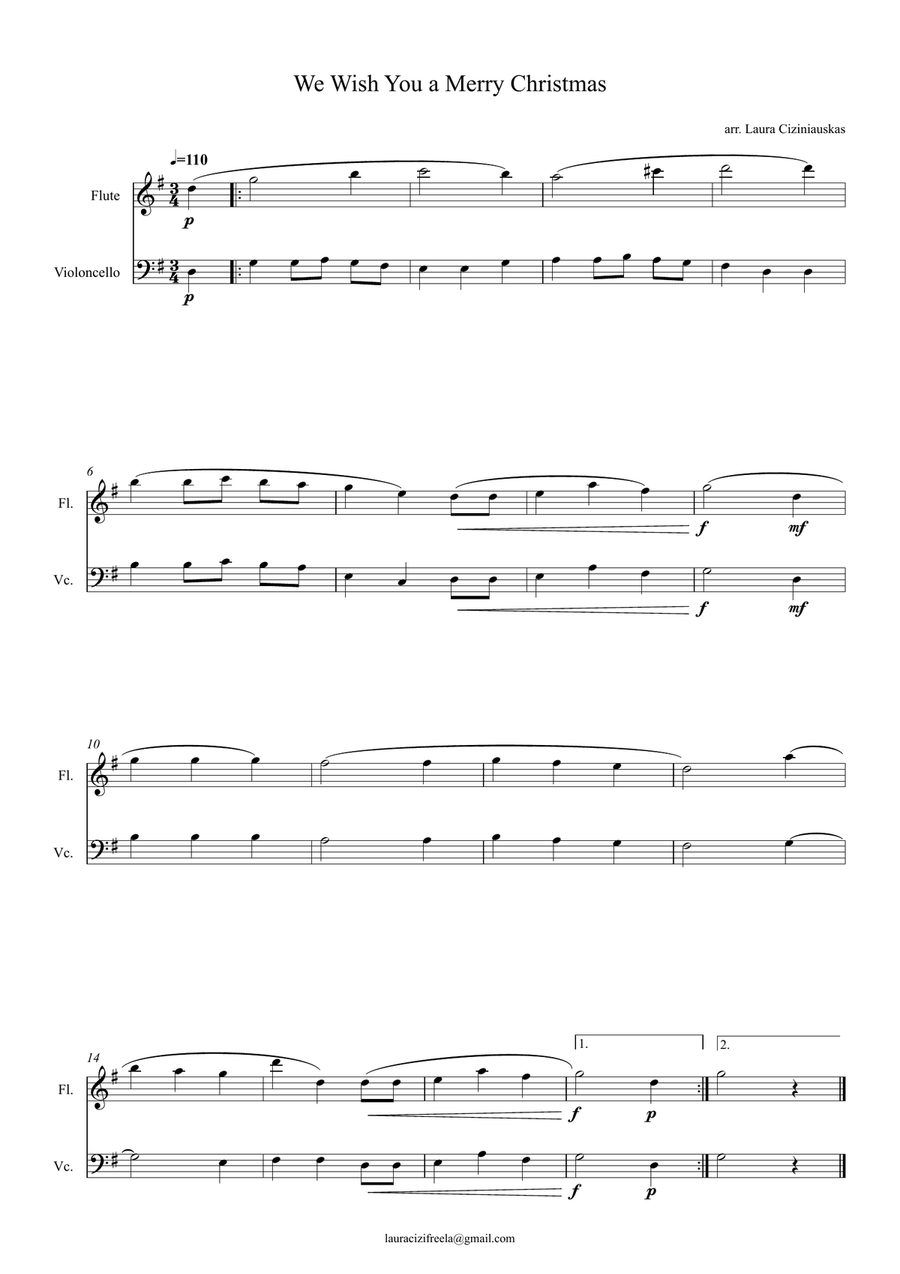 We Wish You a Merry Christmas – Easy Flute and Cello Duet G Major Beginner Arrangement by Traditional Flute - Digital Sheet Music page 2