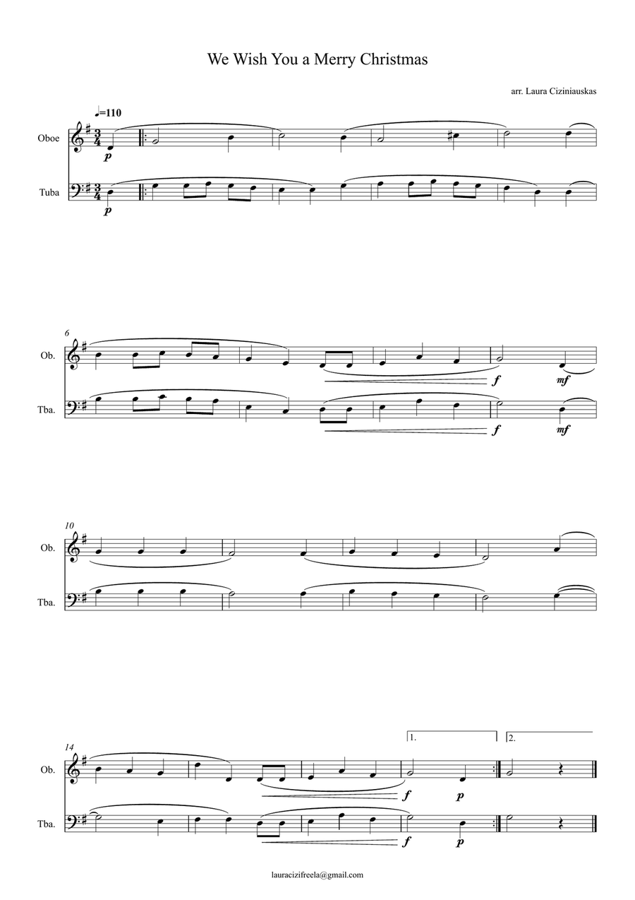 We Wish You a Merry Christmas – Easy Oboe and Tuba Duet G Major Beginner Arrangement by Traditional Oboe - Digital Sheet Music page 2