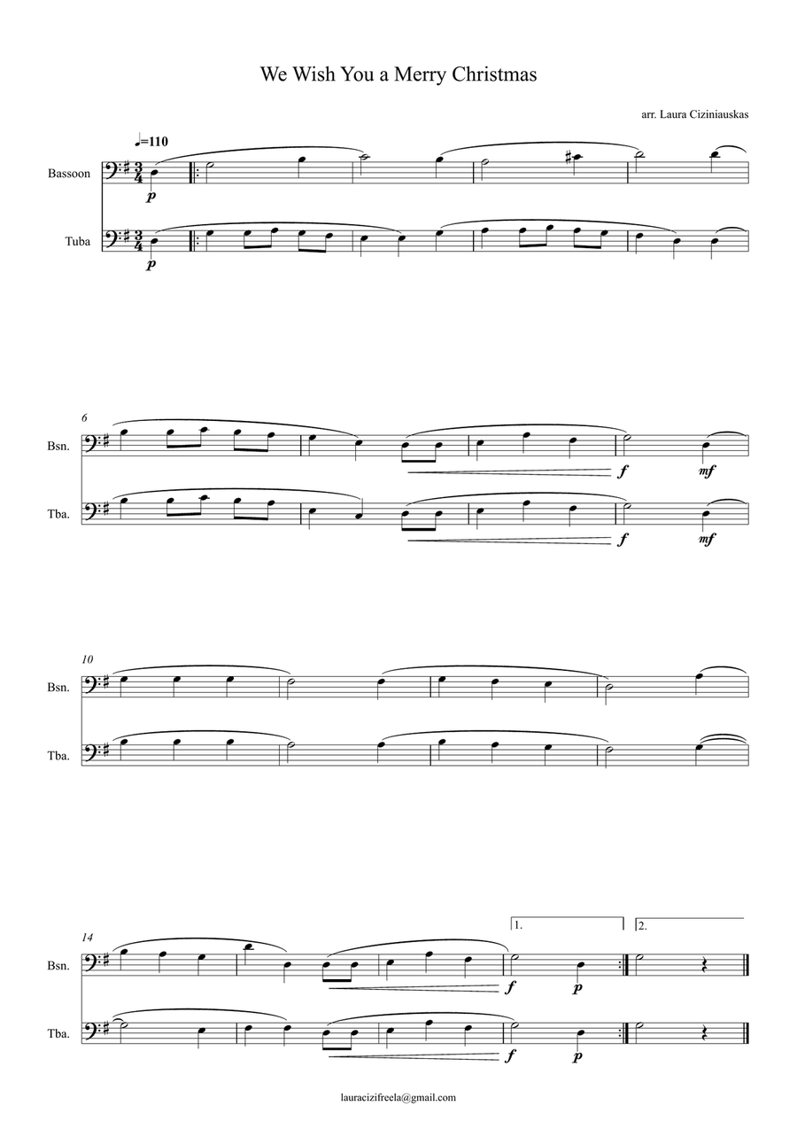 We Wish You a Merry Christmas – Easy Bassoon and Tuba Duet G Major Beginner Arrangement by Traditional Bassoon - Digital Sheet Music page 2
