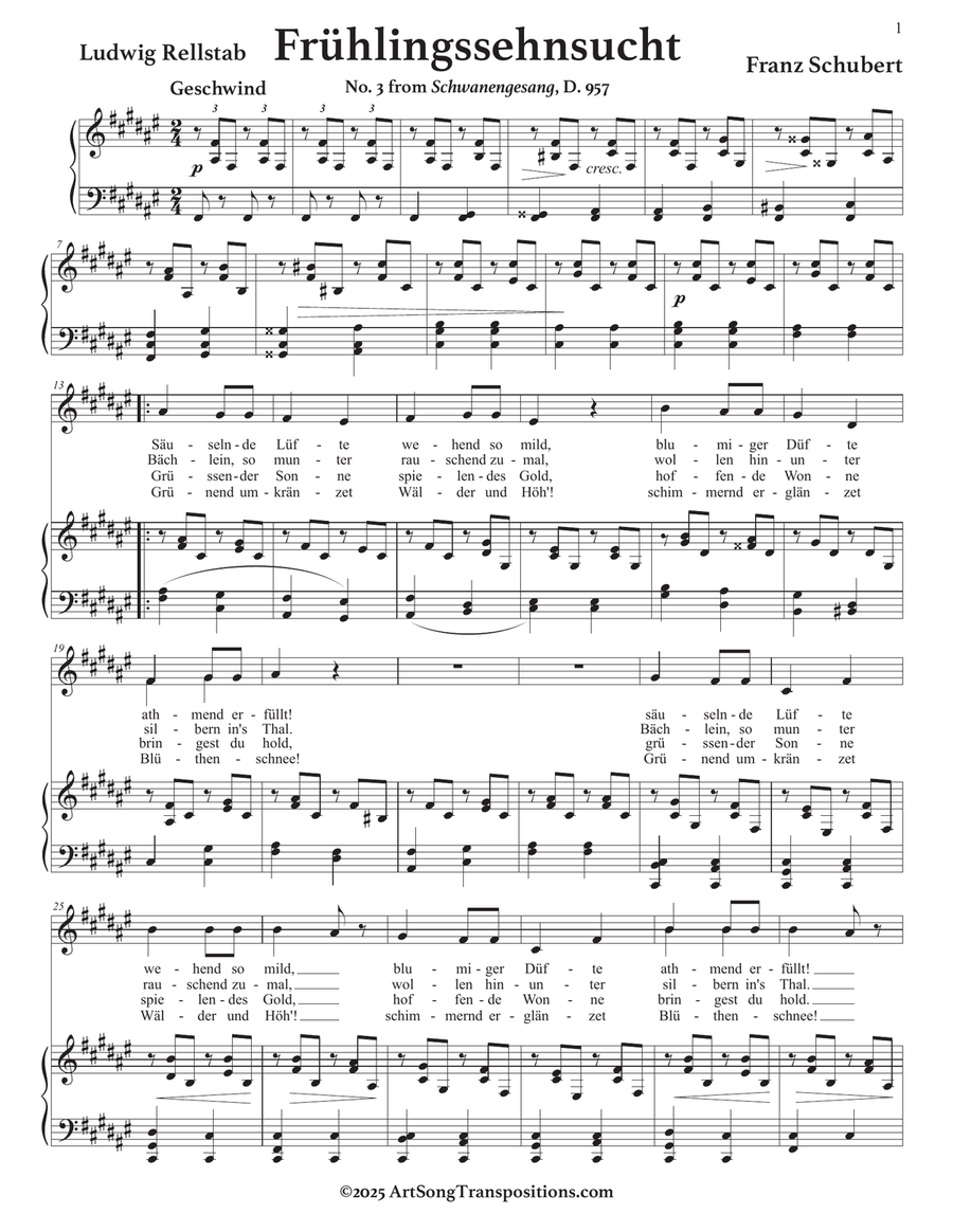 SCHUBERT: Frühlingssehnsucht, D. 957 no. 3 (transposed to F-sharp major) by Franz Schubert Piano, Vocal - Digital Sheet Music page 2