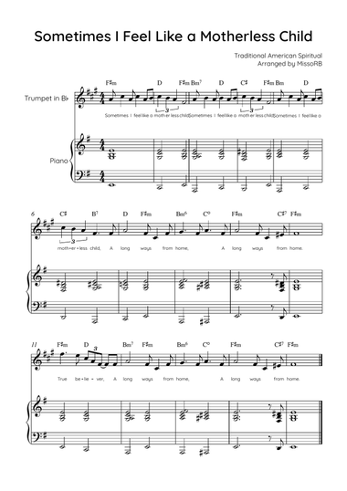 Sometimes I Feel Like A Motherless Child - Trumpet & Piano in Em With Chords & Lyric