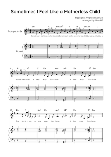 Sometimes I Feel Like A Motherless Child - Trumpet & Piano in Dm With Chords & Lyric
