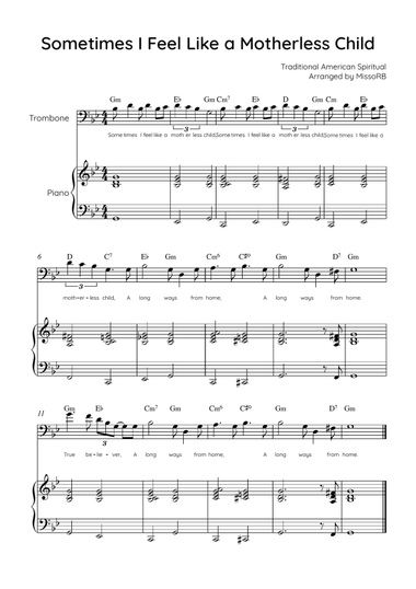 Sometimes I Feel Like A Motherless Child - Trombone & Piano in Gm With Chords & Lyric