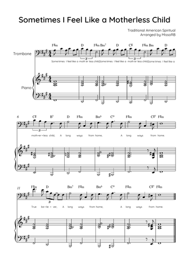 Sometimes I Feel Like A Motherless Child - Trombone & Piano in F#m With Chords & Lyric