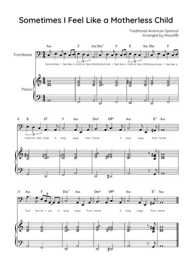 Sometimes I Feel Like A Motherless Child - Trombone & Piano in Am With Chords & Lyric
