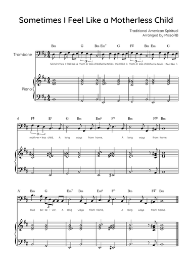 Sometimes I Feel Like A Motherless Child - Trombone & Piano in Bm With Chords & Lyric