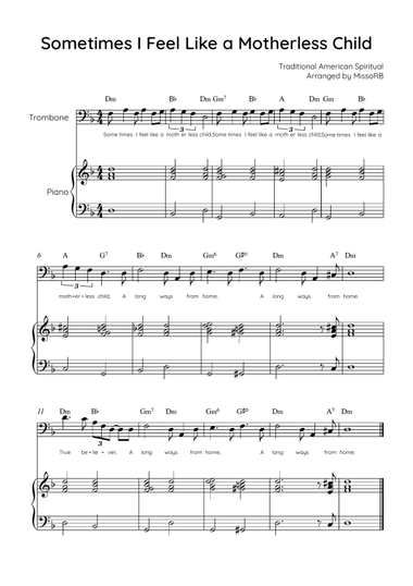 Sometimes I Feel Like A Motherless Child - Trombone & Piano in Dm With Chords & Lyric