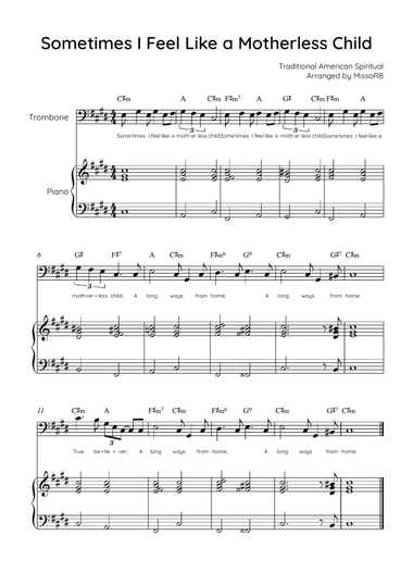 Sometimes I Feel Like A Motherless Child - Trombone & Piano in C#m With Chords & Lyric