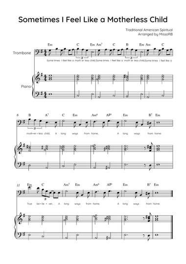 Sometimes I Feel Like A Motherless Child - Trombone & Piano in Em With Chords & Lyric