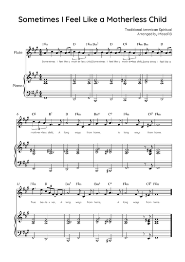 Sometimes I Feel Like A Motherless Child - Flute & Piano in F#m With Chords & Lyric