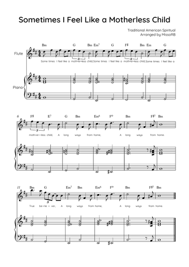 Sometimes I Feel Like A Motherless Child - Flute & Piano in Bm With Chords & Lyric